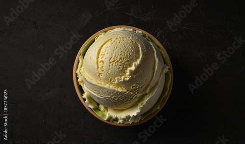 One rounded scoop pista ice cream wooden bowl, top view on black background, photorealistic no cone