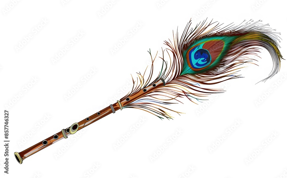 Obraz premium illustration of an Indian flute with peacock feather isolated on white background