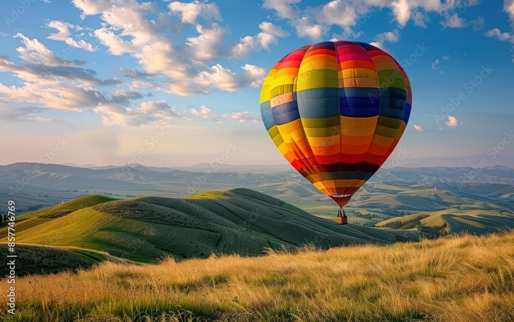 Naklejka premium Serene Hot Air Balloon Flight Over Rolling Hills