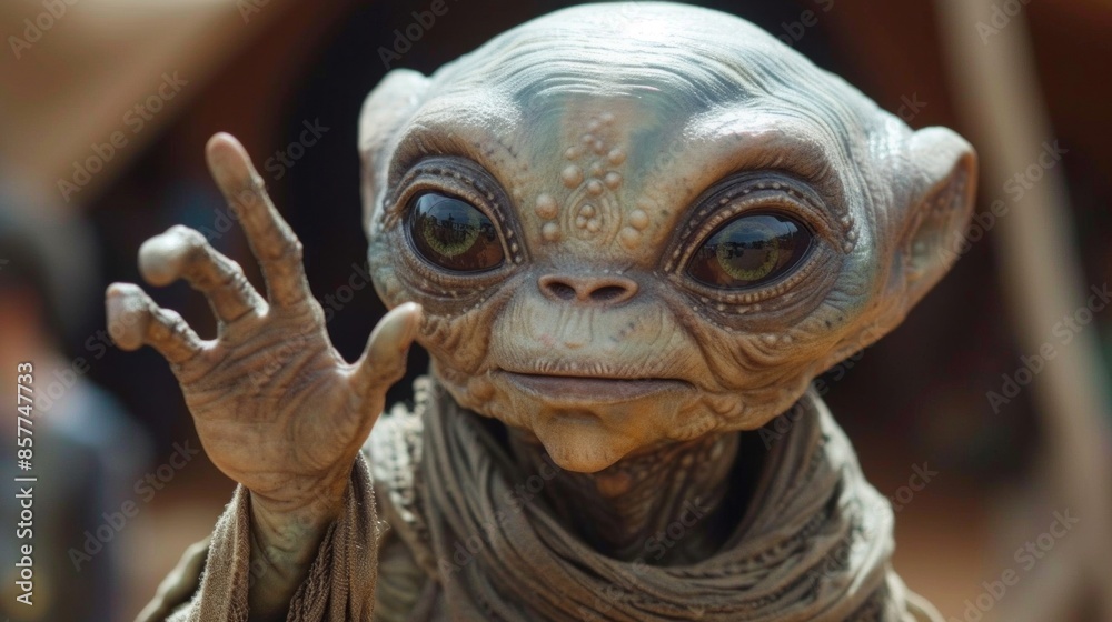 Close-Up of a Realistic Alien Model Waving Hello Close-Up of a Realistic Alien Model Waving Hello