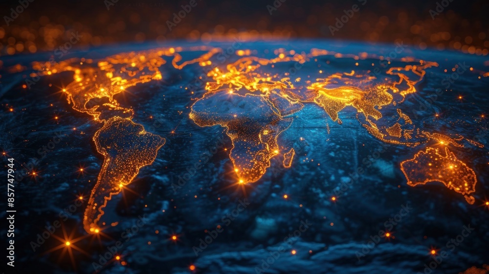 Fototapeta premium Illuminated Network Connections Spanning Across a Stylized Global Map at Night