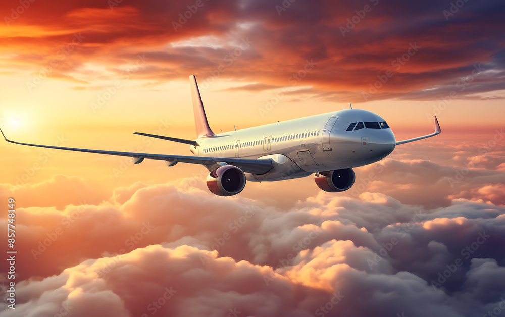 Commercial airplane flying above the clouds at sunset. 3d illustration. Commercial airplane flying above the clouds at sunset. 3d illustration.