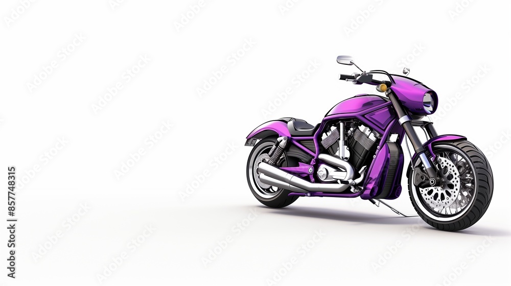 Bold purple motorcycle on the right with plain white backdrop, left side clear for text, perfect for high-impact motorbike advertisements. Bold purple motorcycle on the right with plain white backdrop, left side clear for text, perfect for high-impact motorbike advertisements.