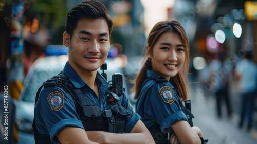 Two police officers in uniform smile for the camera © Sasa Visual