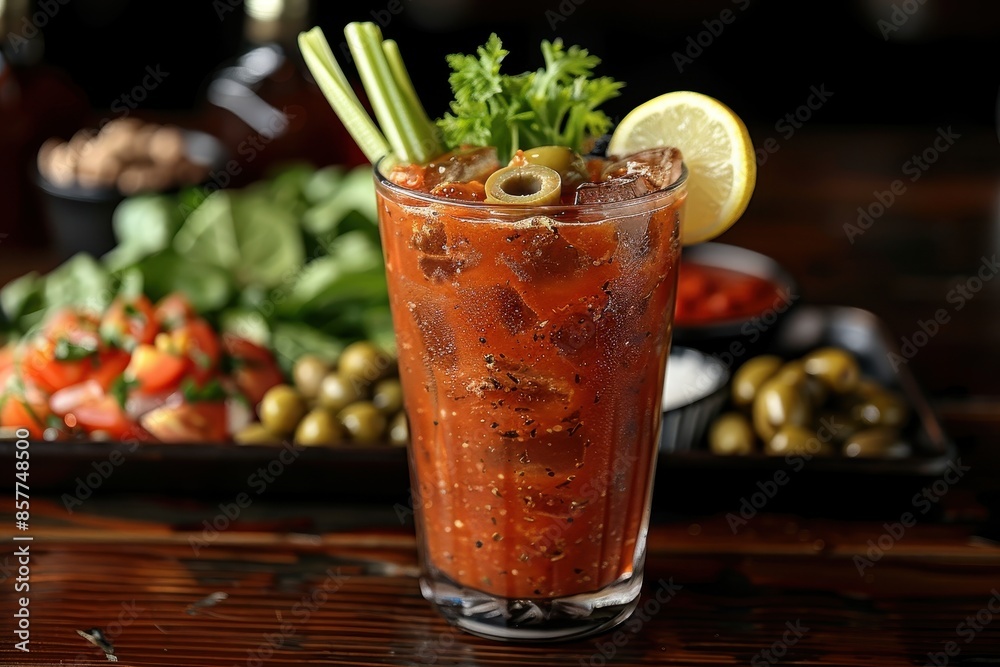 A bloody mary cocktail in a highball glass, garnished with celery, olives, and a lemon wedge A bloody mary cocktail in a highball glass, garnished with celery, olives, and a lemon wedge