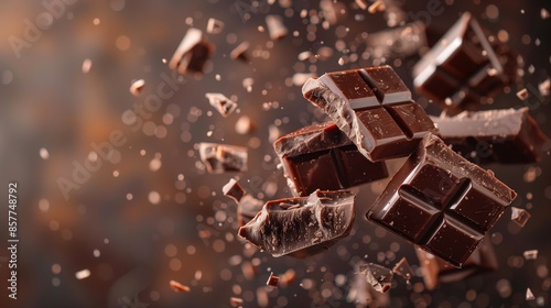 Dynamic Close-Up of Chocolate Pieces Exploding in Mid-Air with Dramatic Lighting and Motion Blur