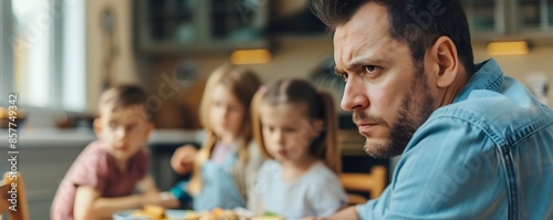 Worried Parent at Family Dinner Table with Empty Chair Amid Children s Play