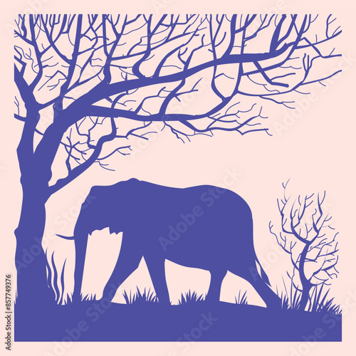 World elephant day, silhouette of elephant with trees, in the forest, wild and nature vector illustration. Monochrome color.