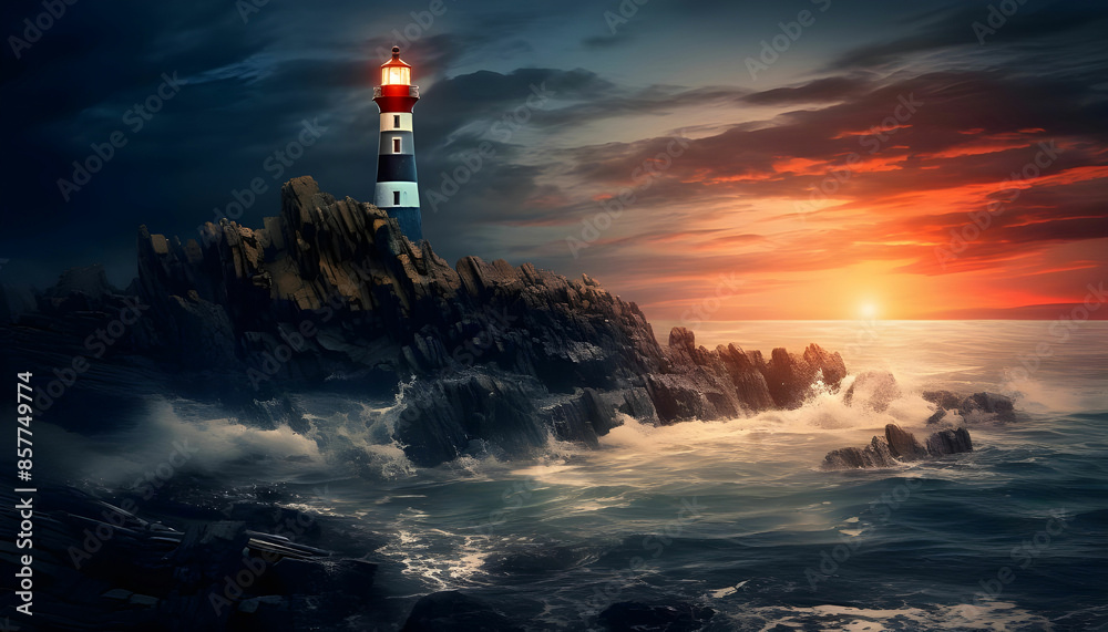 Fototapeta premium Lighthouse on rock and calm seas, created using technology