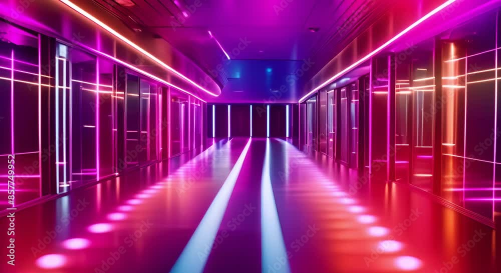 A futuristic hallway filled with colorful lights and a high-tech atmosphere