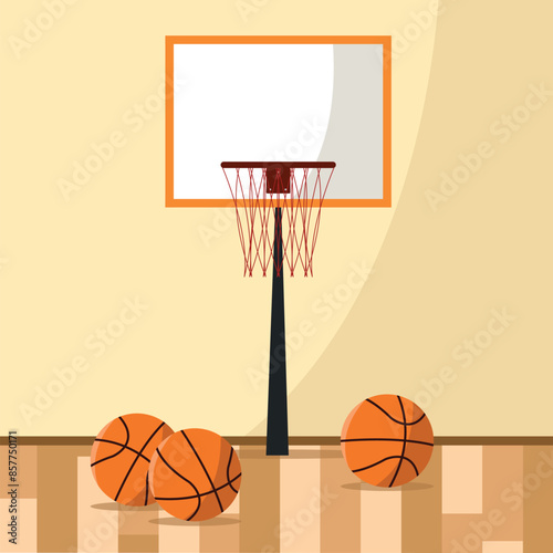 Basketball court with basketballs on the parquet. Vector illustration.
