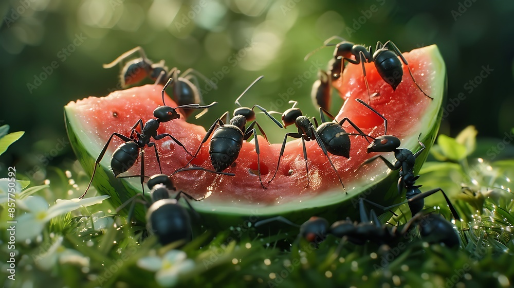 Black ants eating watermelon