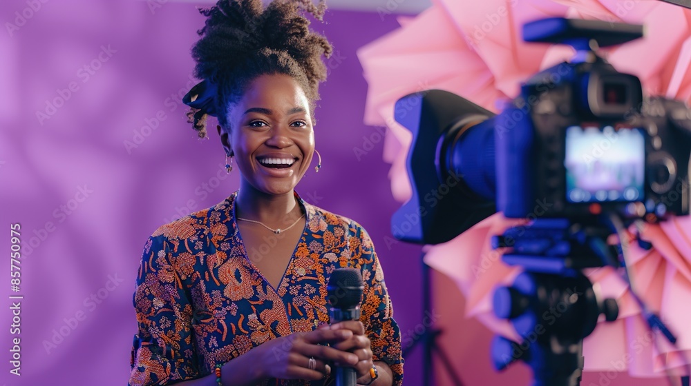 A female podcast host in a video recording studio A female podcast host in a video recording studio
