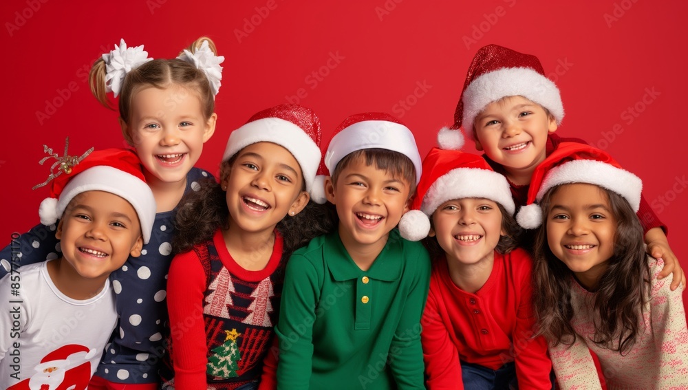 The Christmas party is a joyful event where children in Santa hats and festive clothes enjoy colorful decorations, laughter, and cheerful moments of celebration with family and friends The Christmas party is a joyful event where children in Santa hats and festive clothes enjoy colorful decorations, laughter, and cheerful moments of celebration with family and friends