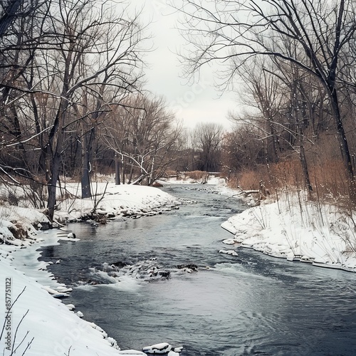 A river with snow on the banks and trees in the background