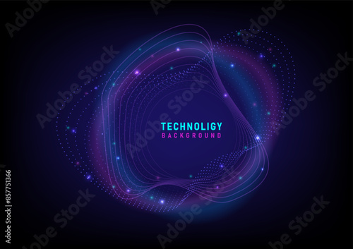 Abstract Technology Background Circle lines with freely moving dots and bright glowing dots. In the middle there is space to place text. On the back there is a circle of blue and purple light.