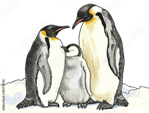 isolate white background, A family of penguins huddled together on the icy shores of Antarctica., drawing in color pencil art, very simple and isolate in the style of animated illustrations