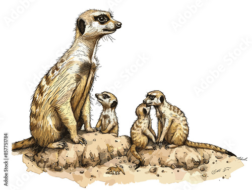 isolate white background, A family of meerkats teaching their young how to forage for food., drawing in color pencil art, very simple and isolate in the style of animated illustrations