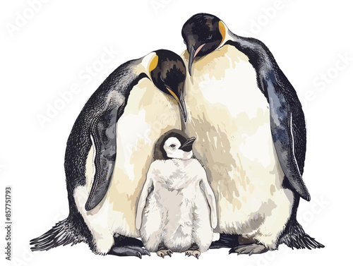 isolate white background, A family of penguins huddled together on the icy shores of Antarctica., drawing in color pencil art, very simple and isolate in the style of animated illustrations