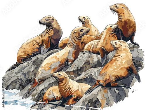isolate white background, A group of sea lions basking on a rocky shore., drawing in color pencil art, very simple and isolate in the style of animated illustrations
