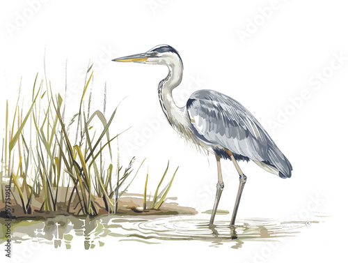 isolate white background, A heron standing motionless in a shallow marsh, waiting for fish to swim by., drawing in color pencil art, very simple and isolate in the style of animated illustrations, 
