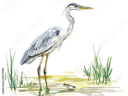 isolate white background, A heron standing motionless in a shallow marsh, waiting for fish to swim by., drawing in color pencil art, very simple and isolate in the style of animated illustrations, 