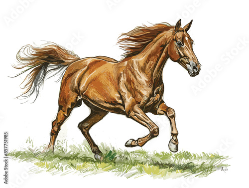 isolate white background, A horse galloping freely through an open field., drawing in color pencil art, very simple and isolate in the style of animated illustrations