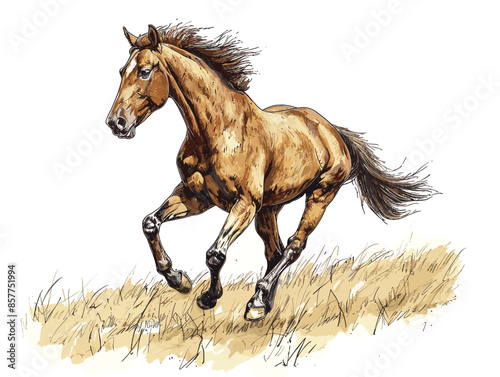 isolate white background, A horse galloping freely through an open field., drawing in color pencil art, very simple and isolate in the style of animated illustrations
