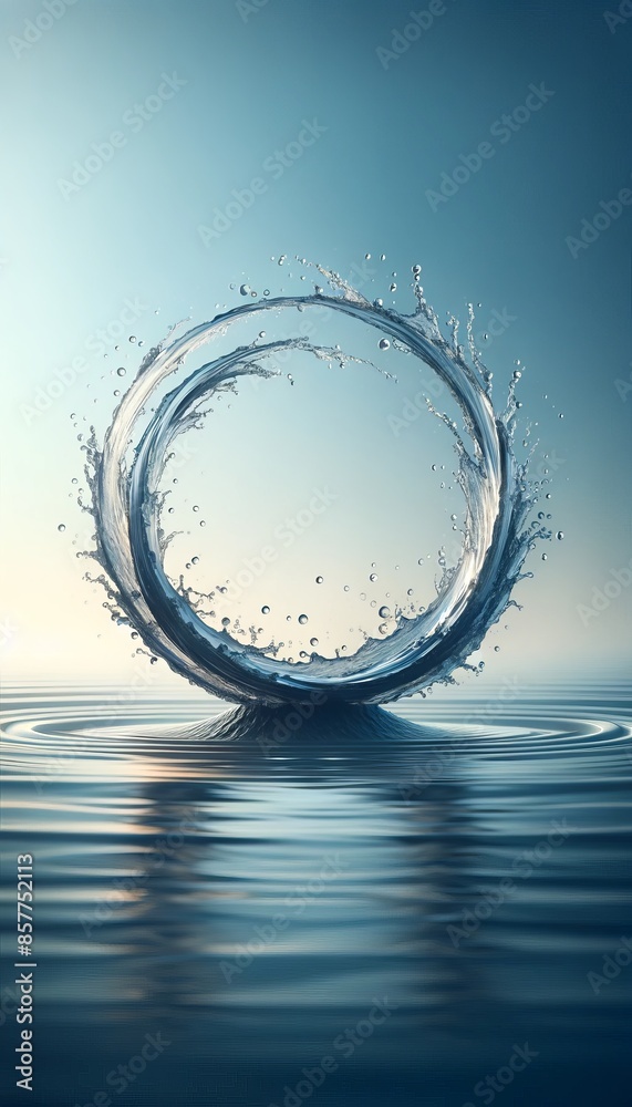 circular water splash suspended above a calm water surface. The splash ...