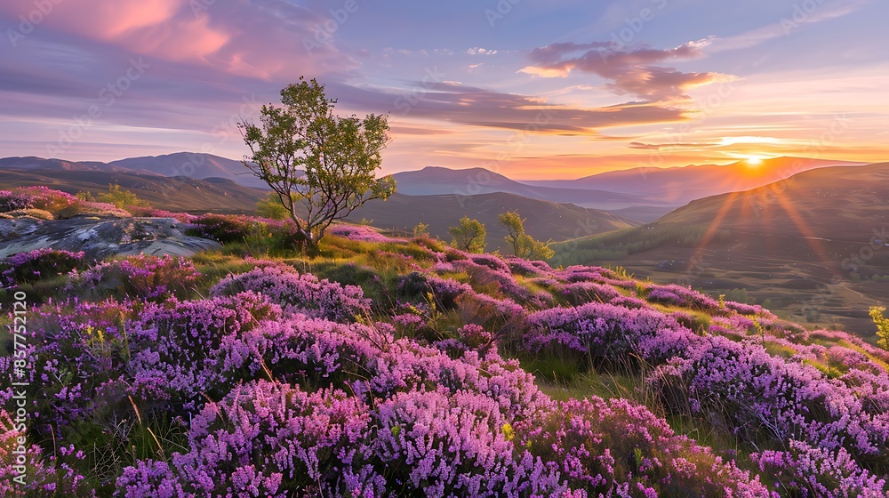 Blossoming heather at sunrise