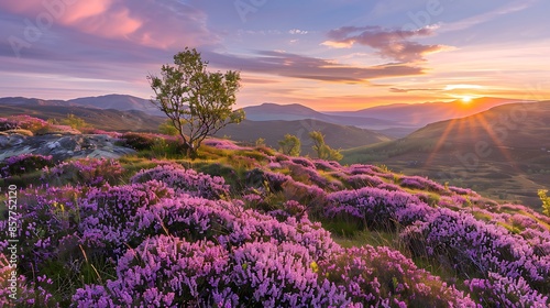 Obraz na płótnie Blossoming heather at sunrise w salonie