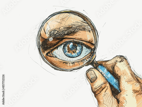 isolate white background, A person with a magnifying glass, suggesting attention to detail and thoroughness, drawing in color pencil art and copy space, very simple and isolate in the style of animate