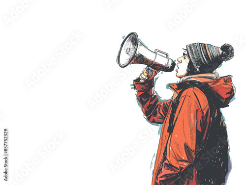 isolate white background, A person with a megaphone, representing communication and influence, drawing in color pencil art and copy space, very simple and isolate in the style of animated illustration
