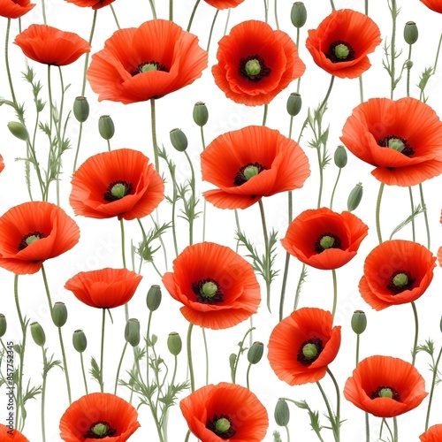 Vibrant red poppy flowers with green stems against a white background