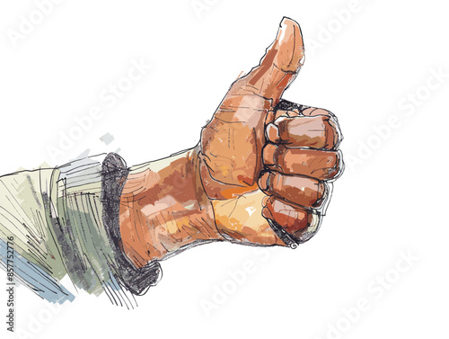 isolate white background, A person with a thumbs-up sign, representing endorsement or approval, drawing in color pencil art and copy space, very simple and isolate in the style of animated art