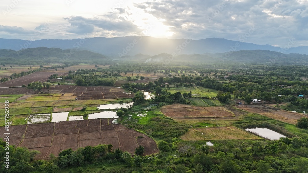 Naklejka premium High angle view of nature, mountains, rice fields