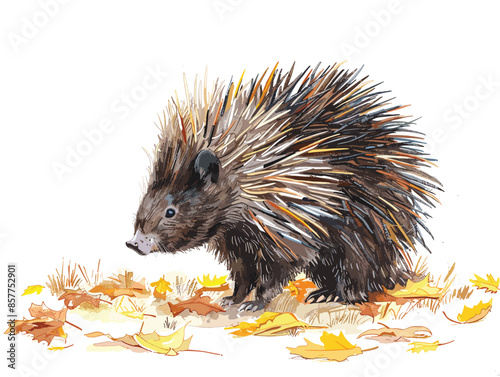 isolate white background, A porcupine foraging for food among the fallen leaves., drawing in color pencil art, very simple and isolate in the style of animated illustrations, white background