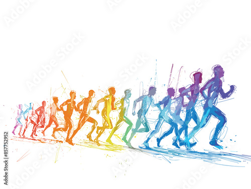 isolate white background, A team of athletes competing in a relay race., drawing in color pencil art and copy space, very simple and isolate in the style of animated illustrations, white background
