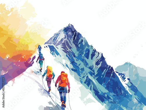 isolate white background, A team of climbers scaling a mountain., drawing in color pencil art and copy space, very simple and isolate in the style of animated illustrations, white background