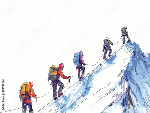 isolate white background, A team of climbers scaling a mountain., drawing in color pencil art and copy space, very simple and isolate in the style of animated illustrations, white background