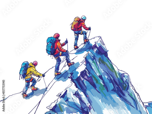 isolate white background, A team of climbers scaling a mountain., drawing in color pencil art and copy space, very simple and isolate in the style of animated illustrations, white background