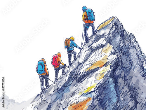 isolate white background, A team of climbers scaling a mountain., drawing in color pencil art and copy space, very simple and isolate in the style of animated illustrations, white background