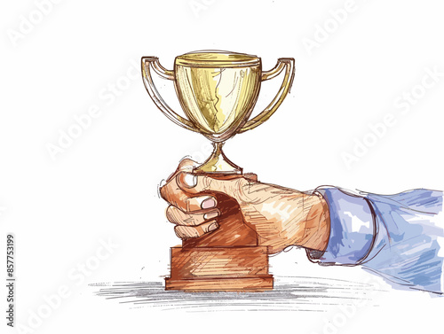 isolate white background, A trophy with a spotlight shining on it, representing the best candidate., drawing in color pencil art and copy space, very simple and isolate in the style of animated art