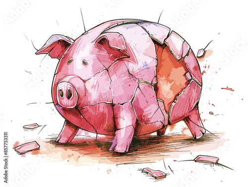 isolate white background, Business failure with a cracked piggy bank or broken graph, drawing in color pencil art, very simple and isolate in the style of animated illustrations, white background