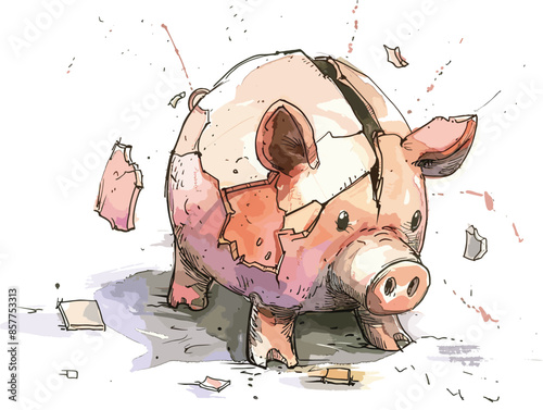 isolate white background, Business failure with a cracked piggy bank or broken graph, drawing in color pencil art, very simple and isolate in the style of animated illustrations, white background