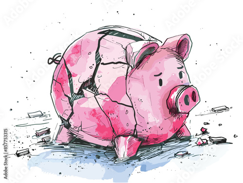 isolate white background, Business failure with a cracked piggy bank or broken graph, drawing in color pencil art, very simple and isolate in the style of animated illustrations, white background