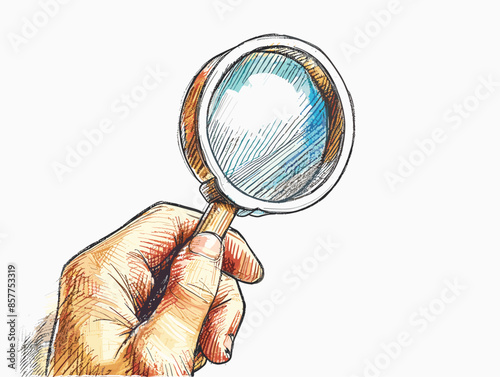 isolate white background, Business investment with a magnifying glass focusing on opportunities, drawing in color pencil art, very simple and isolate in the style of animated illustrations
