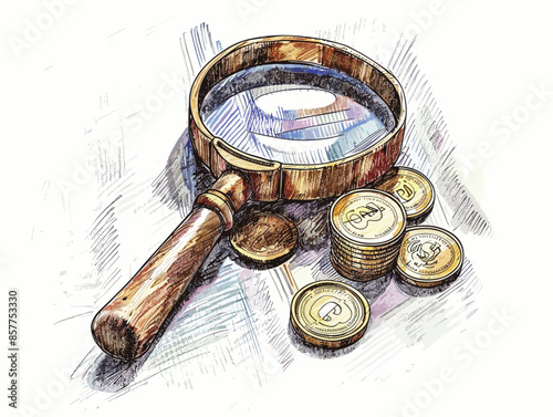 isolate white background, Business investment with a magnifying glass focusing on opportunities, drawing in color pencil art, very simple and isolate in the style of animated illustrations