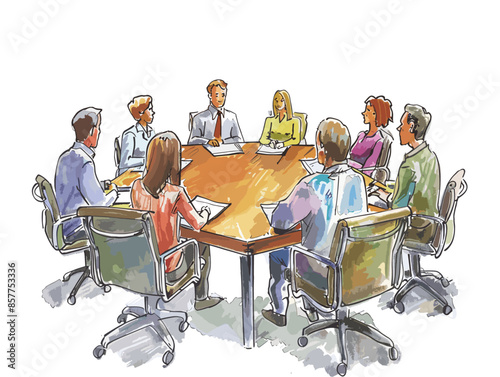 isolate white background, Business meeting with executives around a conference table, drawing in color pencil art, very simple and isolate in the style of animated illustrations, white background