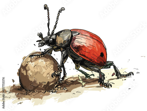 isolate white background, A beetle rolling a ball of dung across the forest floor., drawing in color pencil art, very simple and isolate in the style of animated illustrations, white background